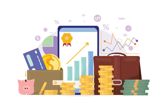 Vector illustration of a stock portfolio with a big wallet, money, briefcase, cellphone and mobile application.