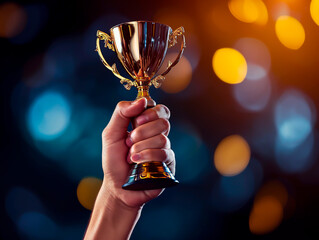 Hand holding trophy against bokeh lights, symbol of success, achievement, victory, winning, celebration, recognition.
