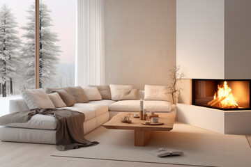 White corner sofa near fireplace. Scandinavian home interior design of modern living room