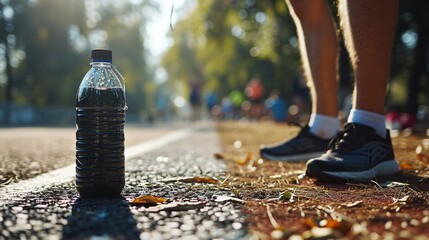 A water bottle is sitting on the ground with people's feet visible in the background, hinting at a park or outdoor setting. - obrazy, fototapety, plakaty