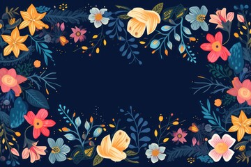 Fototapeta na wymiar Frame with colorful flowers on indigo background