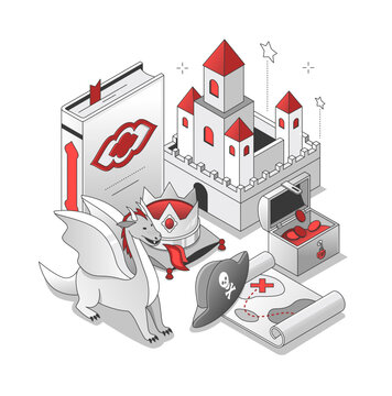 Magic childhood - isometric black and red line illustration. Clean, stylish art with thin fine design. Fantasy world created by a child imagination. Adventures, dreams, pirates, castles, kingdom