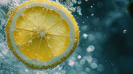Lemon slice drop in fizzy sparkling water, juice refreshment - obrazy, fototapety, plakaty