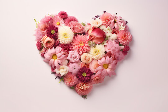 Beautiful heart made of beautiful flowers on a pastel pink background