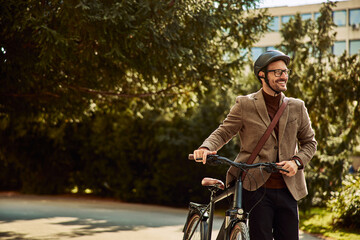 A smiling businessman with a helmet and glasses on pushing his bicycle and walking to work.