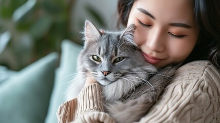 A young woman is gently holding a fluffy gray cat in her arms, appearing content and at peace.