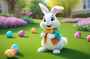 Happy Easter white rabbit in a jacket on the lawn with colorful eggs. An Easter card.