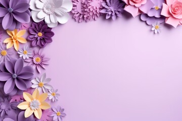 Fototapeta na wymiar Frame with colorful flowers on lavender background