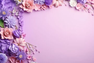 Frame with colorful flowers on lilac background