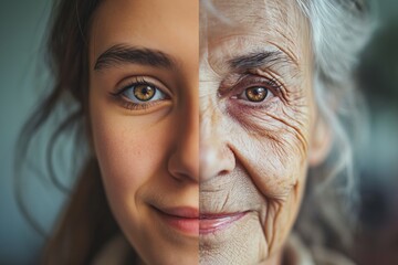 Beautiful woman's face, half young girl, half old woman. Before and after concept - obrazy, fototapety, plakaty