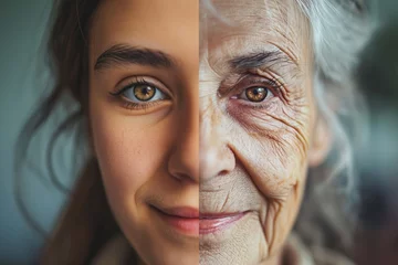 Fotobehang Beautiful woman's face, half young girl, half old woman. Before and after concept © Darya Lavinskaya