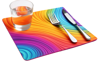 Bright Colors Frame Glass, Knife, and Spoon for a Stylish Party Setup on a White or Clear Surface PNG Transparent Background