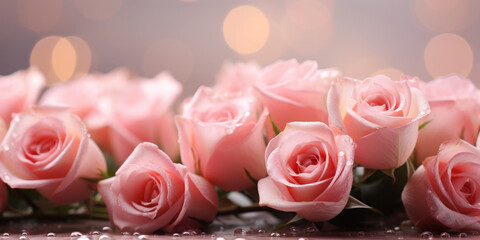 Festive background with pink roses and beautiful soft golden bokeh.Festive banner for birthday, mother's day, March 8, anniversary. Copy space. Banner