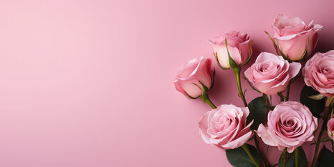 Greeting background with freshly pink roses flowerson a pink background . Festive banner for birthday, mother's day, March 8, anniversary.Flat lay, top view. Copy space. Mock up. - Powered by Adobe