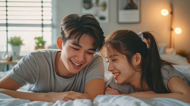 Lovely cute smiling young Asian lover couple lying on elbow on the bed and laughing while talking funny in the bedroom at home. Concept of romantic relationship.