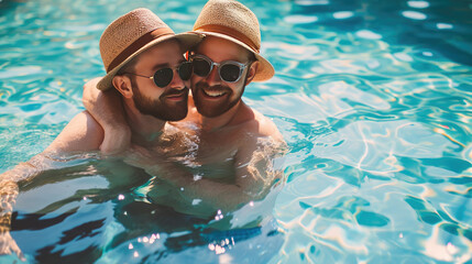 Gay couple wearing sunglasses relaxing in swimming pool or in a sea. LGBT. Two young men enjoying nature outdoors and hugging. Young men romantic family in love. Happiness concept.
