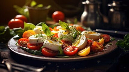Close up delicious italian food healthy salad with mozzarella, tomatoes and origan on dark background