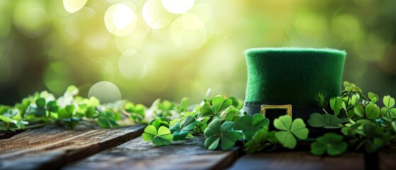St. Patrick's Day background with shamrocks and green top hat. Saint Patrick's Day Concept with Copy Space. - obrazy, fototapety, plakaty