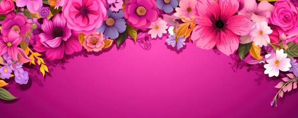 Frame with colorful flowers on magenta background