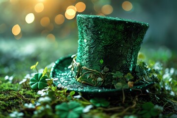 St. Patrick's Day background with shamrocks and green top hat. Saint Patrick's Day Concept with Copy Space. - obrazy, fototapety, plakaty