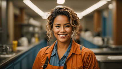 Portrait of smiling female janitor - obrazy, fototapety, plakaty