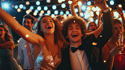 Photo portrait of carefree people together dancing at prom party having fun time wearing formal beautiful chic clothes
