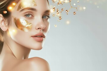 Beautiful woman portrait gold hydrating serum molecules structure on the face, light background - obrazy, fototapety, plakaty