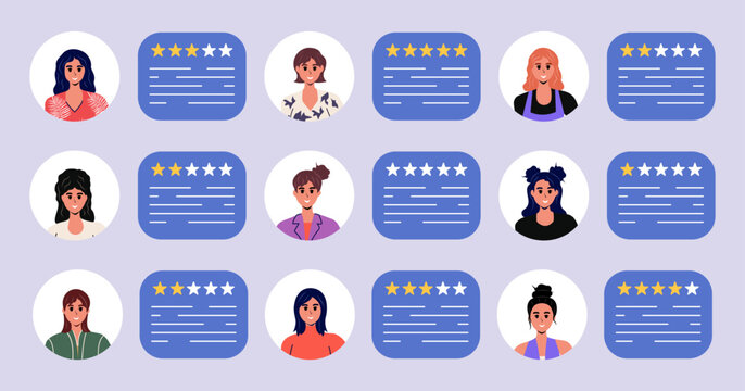 Feedback concept. People write reviews on a website or application. Assessment of the quality of services and goods. Helpdesk. Client and regular customer. Survey. Vectors stock illustration.