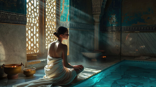 Beautiful young woman wearing a white towel sitting on a hot stone in hamam, sauna. Concept of relax, vacation, wellness center.