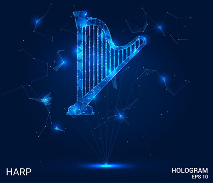Hologram Vector Mesh Design for Elegant Harp. This harp showcases a fusion of holographic design and vector mesh, embodying elegance with futuristic aesthetics.
