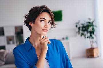 Portrait of clever pretty minded girl arm touch chin contemplate ponder spacious bright flat free...
