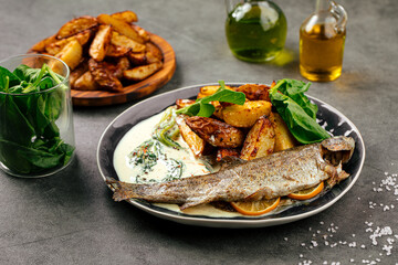 Portion of cooked grilled fish with potato and sauce