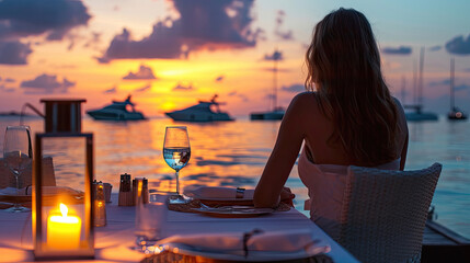 Romantic dinner on sunset. Woman sitting alone on table set with lantern for a romantic meal on...
