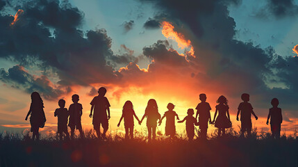 Silhouette back refugee kid group.Responsible.Kid child boy and girl worship.World kids day, Pray and worship, Hope, freedom, Diverse, Faith.World refugee day.Juneteenth kid.Friends.Potential unlock. - obrazy, fototapety, plakaty