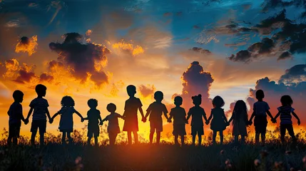 Foto op Plexiglas Silhouette back refugee kid group.Responsible.Kid child boy and girl worship.World kids day, Pray and worship, Hope, freedom, Diverse, Faith.World refugee day.Juneteenth kid.Friends.Potential unlock. © Sasint
