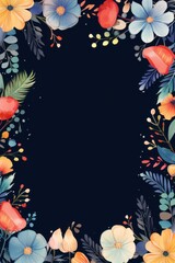 Frame with colorful flowers on navy background