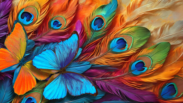 Colors of rainbow. Colorful peacock feathers and bright tropical morpho butterflies texture background