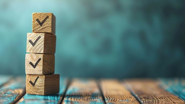 The image shows a stack of wooden cubes with black check marks on a textured wood surface against a blurred blue background.