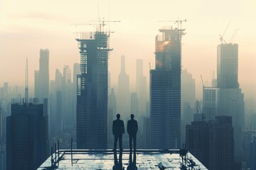 Businessmen on roof - investments, patron, business: economic growth strategic capital investment and innovative building initiatives, success in the dynamic landscape of entrepreneurial development. - obrazy, fototapety, plakaty