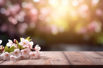 Wooden table top with a view of the blooming spring garden. A branch of cherry blossoms on a rustic table. - obrazy, fototapety, plakaty