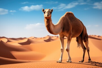 A camel stands in a hot, dry desert landscape.