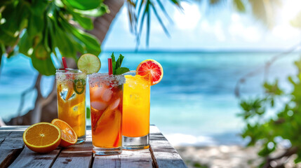 Tropical cocktails on beach table with sea in background. Summer vacation. - obrazy, fototapety, plakaty