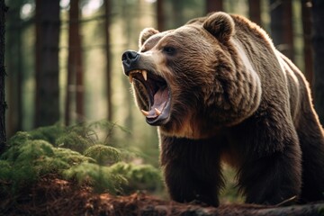 Fototapeta premium A big, ferocious bear roared in the forest.