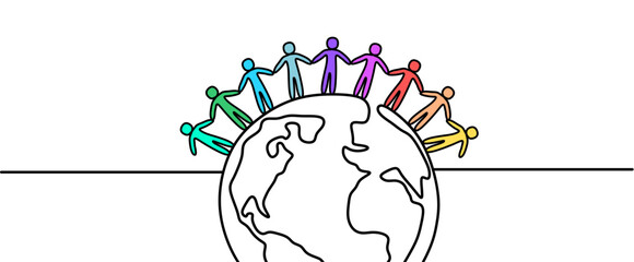 One line World culture earth day and global diversity and international cultures as a concept of diverse races and crowd cooperation symbol. People around the planet earth. 