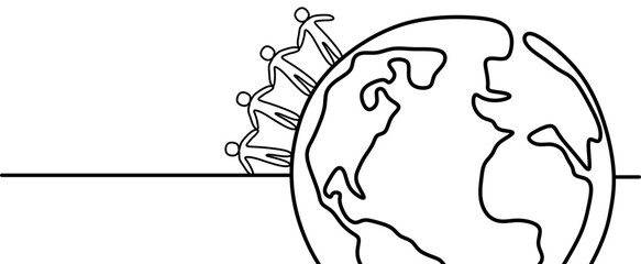 One line World culture earth day and global diversity and international cultures as a concept of diverse races and crowd cooperation symbol. People around the planet earth. 