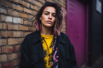 Naklejka premium Beautiful young woman with pink hair in a black jacket on a brick wall background.