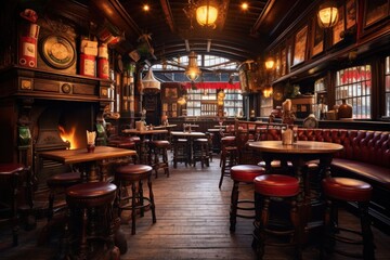 Interior of a traditional pub with wooden tables and red leather seats