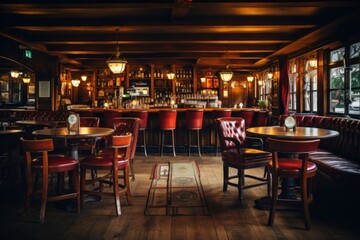 Interior of a traditional pub with wooden tables and red leather seats, offering a cozy and vintage atmosphere