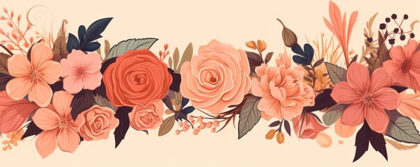 Frame with colorful flowers on peach background