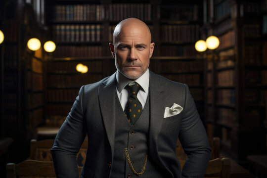 A Middle-aged Bald Man with Piercing Eyes, Wearing Cufflinks, Exudes Confidence and Authority as He Stands Against a Backdrop of a Vintage Library
